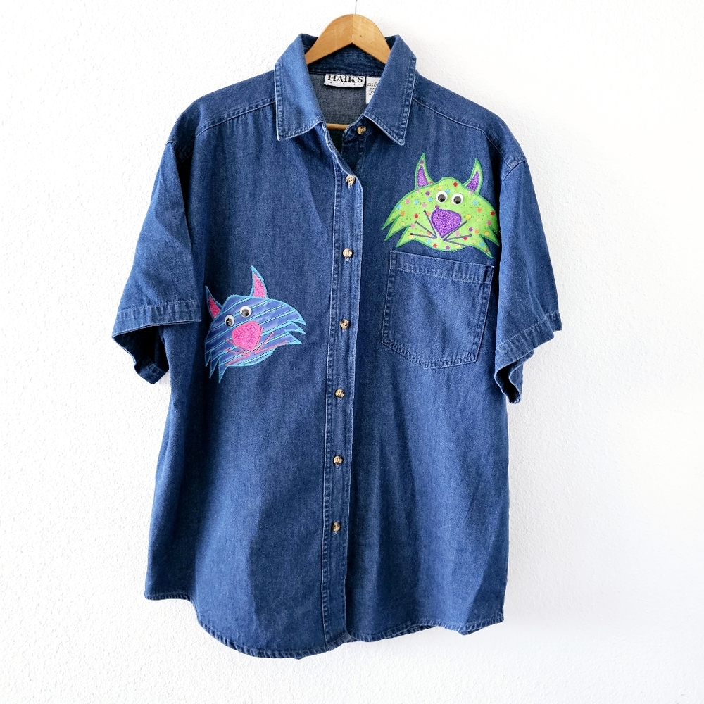 Vintage Haiks crazy cats denim blouse size L embroidered embellished